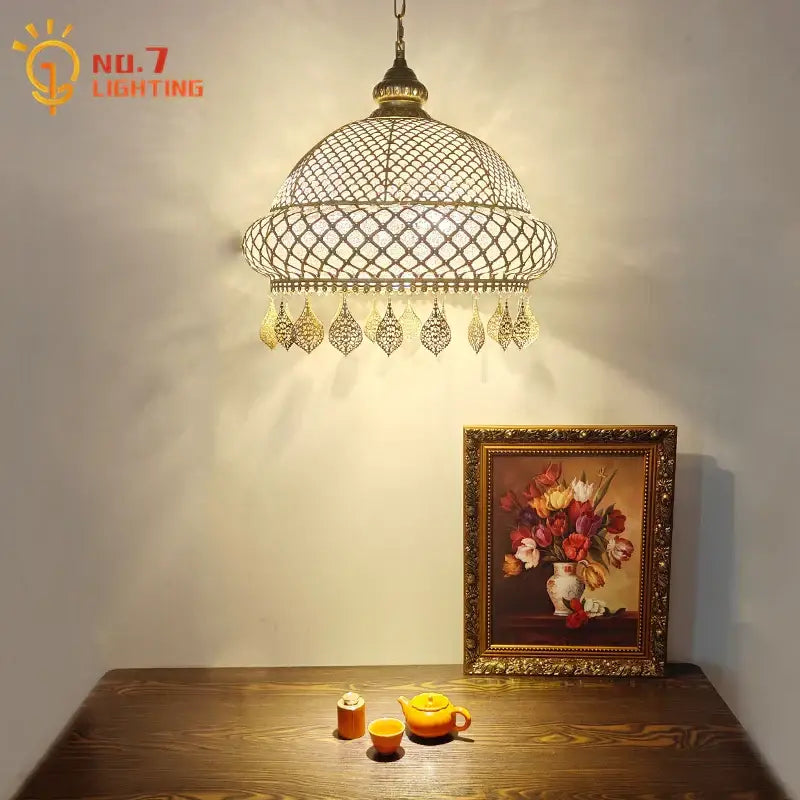 Antique brass woven mesh gold lustre iron pendant light dining room