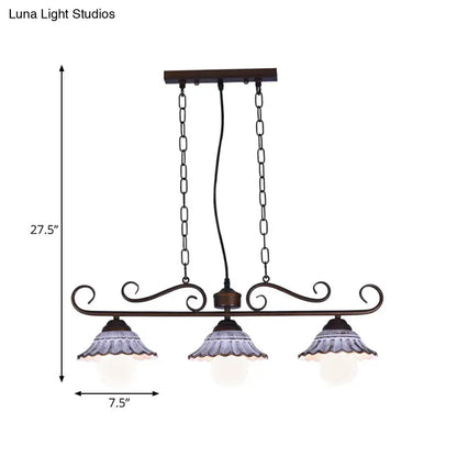 Antique bronze 3 light island pendant lamp kitchen scalloped ceramic shade