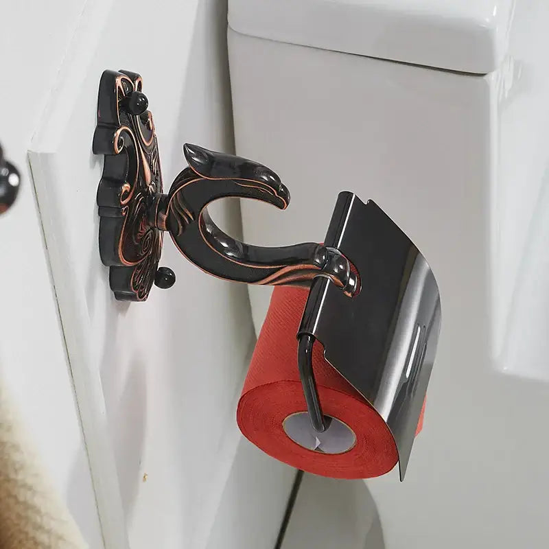 Antique bronze and black toilet paper holder bathroom shelf