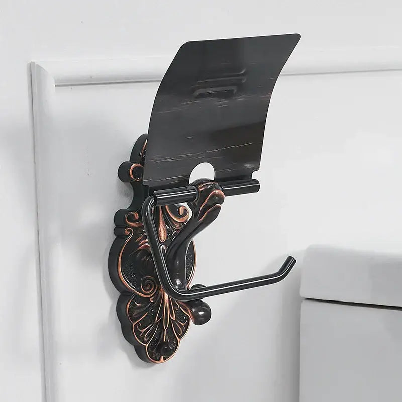 Antique bronze and black toilet paper holder bathroom shelf
