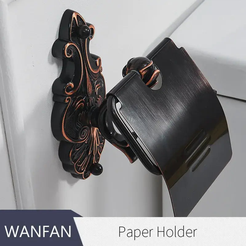 Antique bronze and black toilet paper holder bathroom shelf