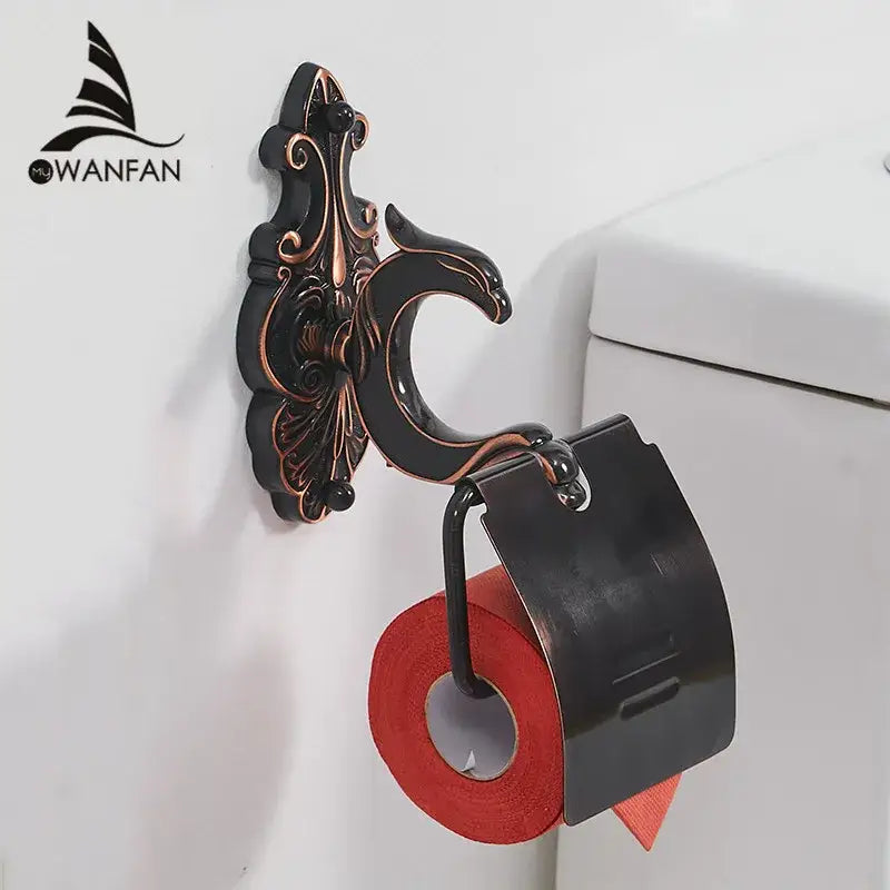 Antique bronze and black toilet paper holder bathroom shelf