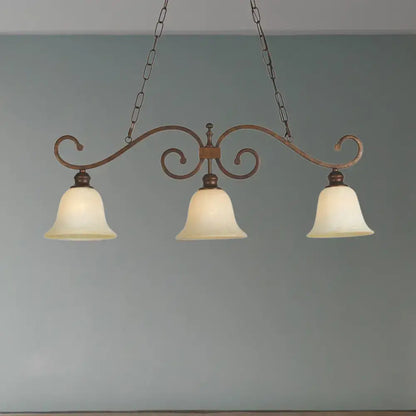 Antique bronze and white glass bell pendant light – dining room