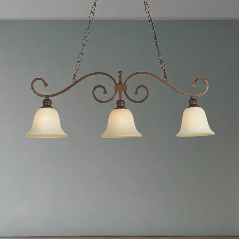 Antique bronze and white glass bell pendant light – dining room
