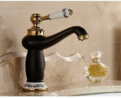 Antique bronze bathroom faucet with white ceramic ornate handle