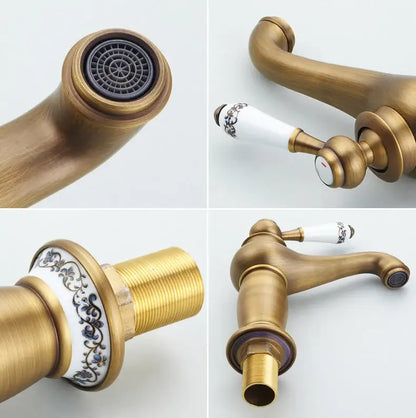 Antique bronze bathroom faucet with white ceramic ornate handle