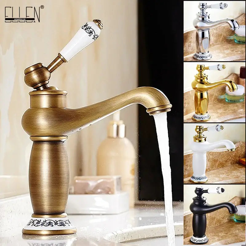 Antique bronze bathroom faucet with white ceramic ornate handle