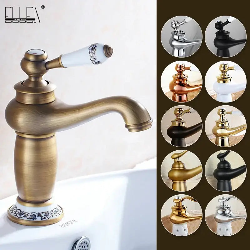 Antique bronze bathroom faucet with white ceramic ornate handle