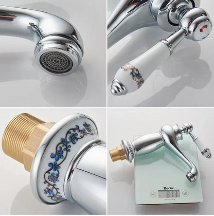 Antique bronze bathroom faucet with white ceramic ornate handle