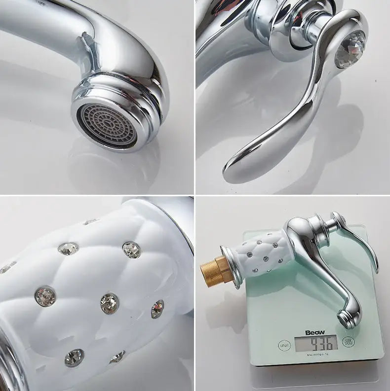 Antique bronze bathroom faucet with white ceramic ornate handle