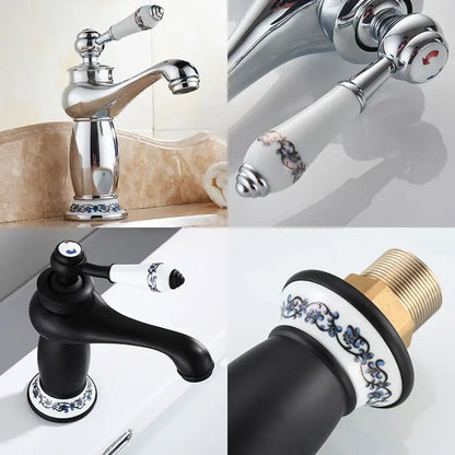 Antique bronze bathroom faucet with white ceramic ornate handle
