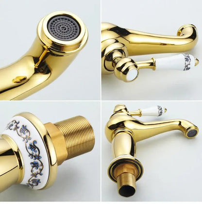 Antique bronze bathroom faucet with white ceramic ornate handle