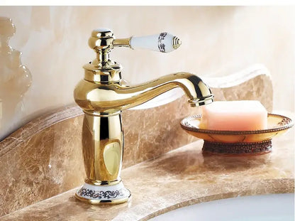 Antique bronze bathroom faucet with white ceramic ornate handle