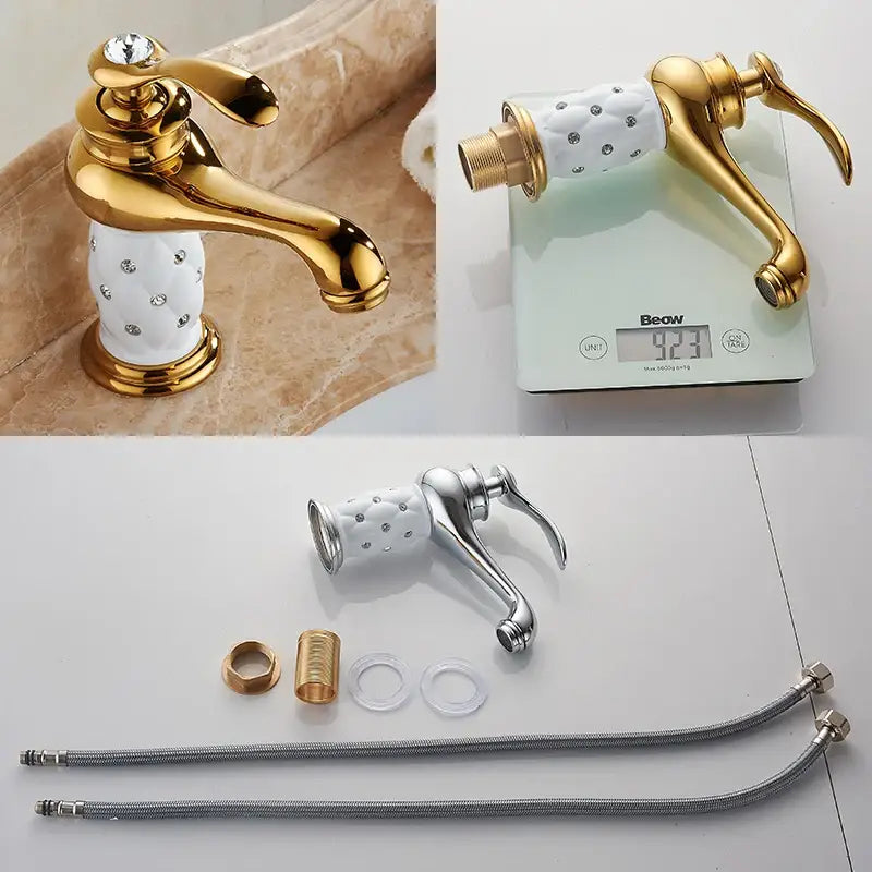 Antique bronze bathroom faucet with white ceramic ornate handle