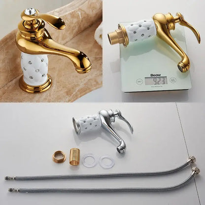 Antique bronze bathroom faucet with white ceramic ornate handle