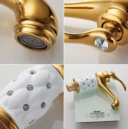 Antique bronze bathroom faucet with white ceramic ornate handle