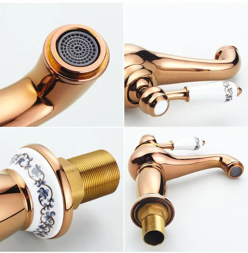 Antique bronze bathroom faucet with white ceramic ornate handle
