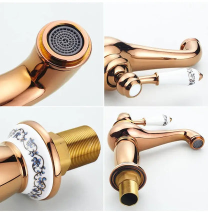Antique bronze bathroom faucet with white ceramic ornate handle