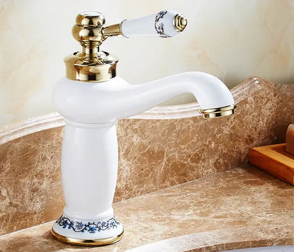 Antique bronze bathroom faucet with white ceramic ornate handle