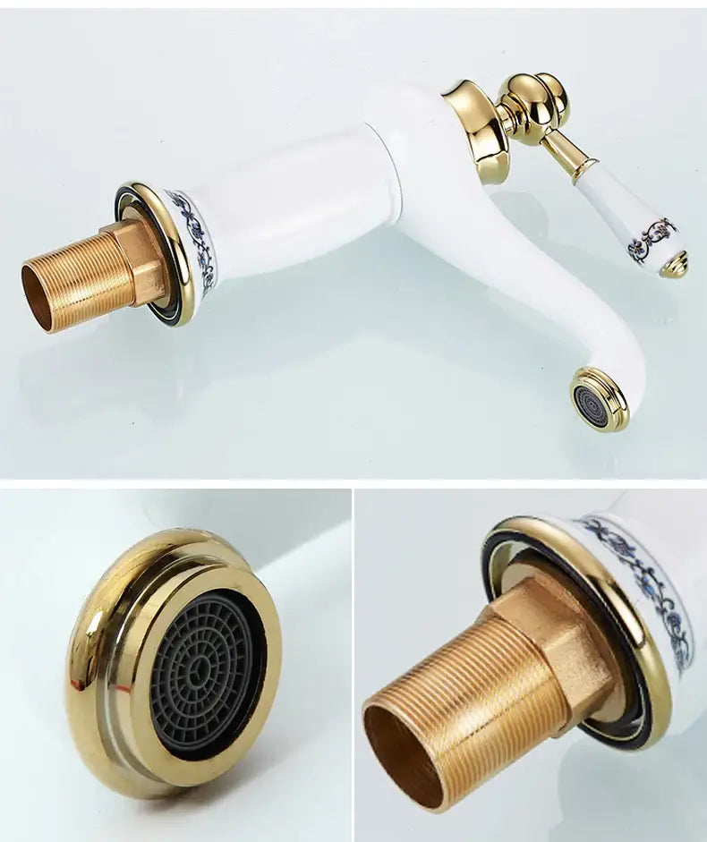 Antique bronze bathroom faucet with white ceramic ornate handle