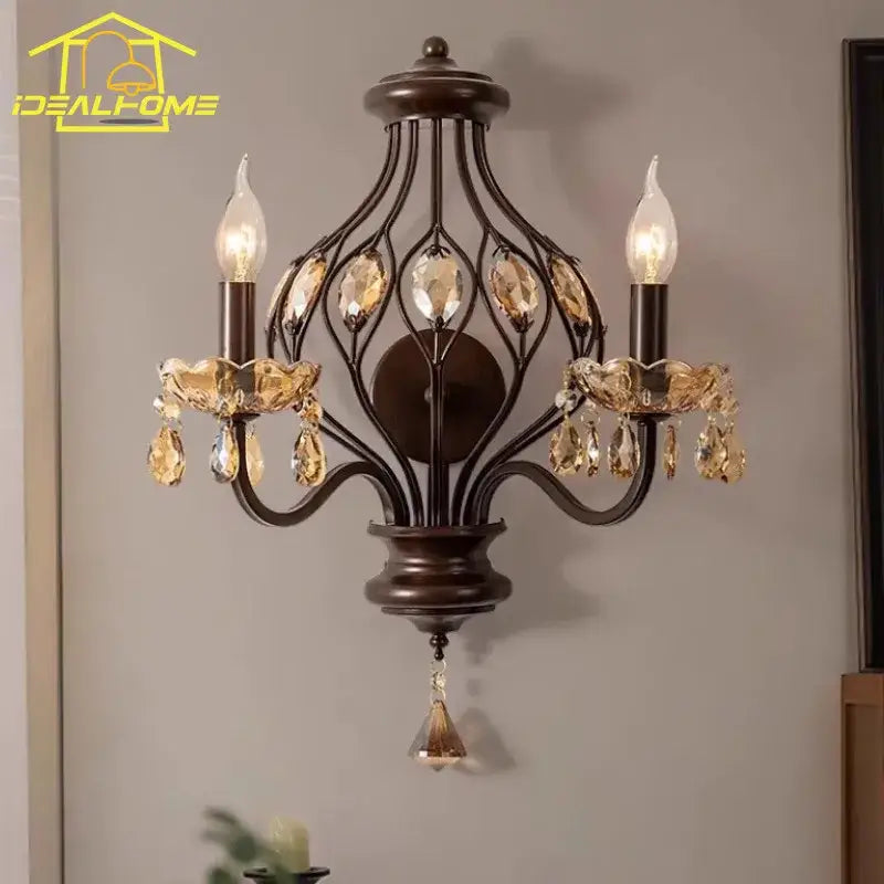 Antique bronze crystal candle wall lamp for living room bedroom