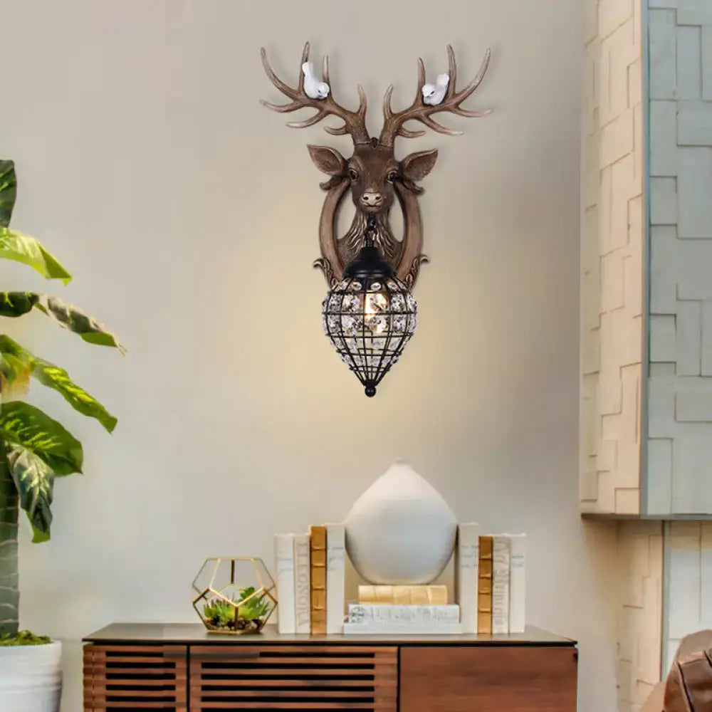 Antique bronze deer head wall lamp with birds living room sconce