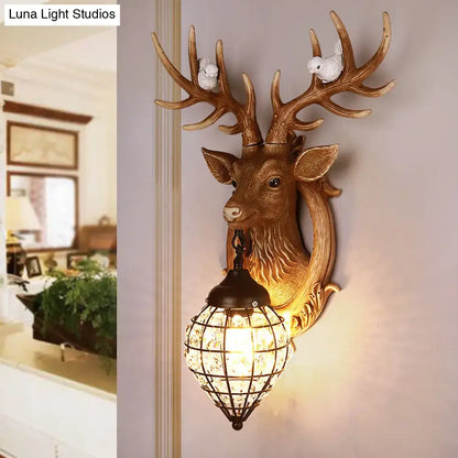 Antique bronze deer head wall lamp with birds living room sconce