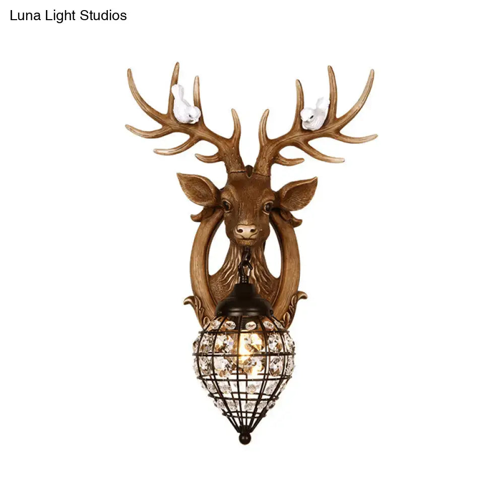 Antique bronze deer head wall lamp with birds living room sconce