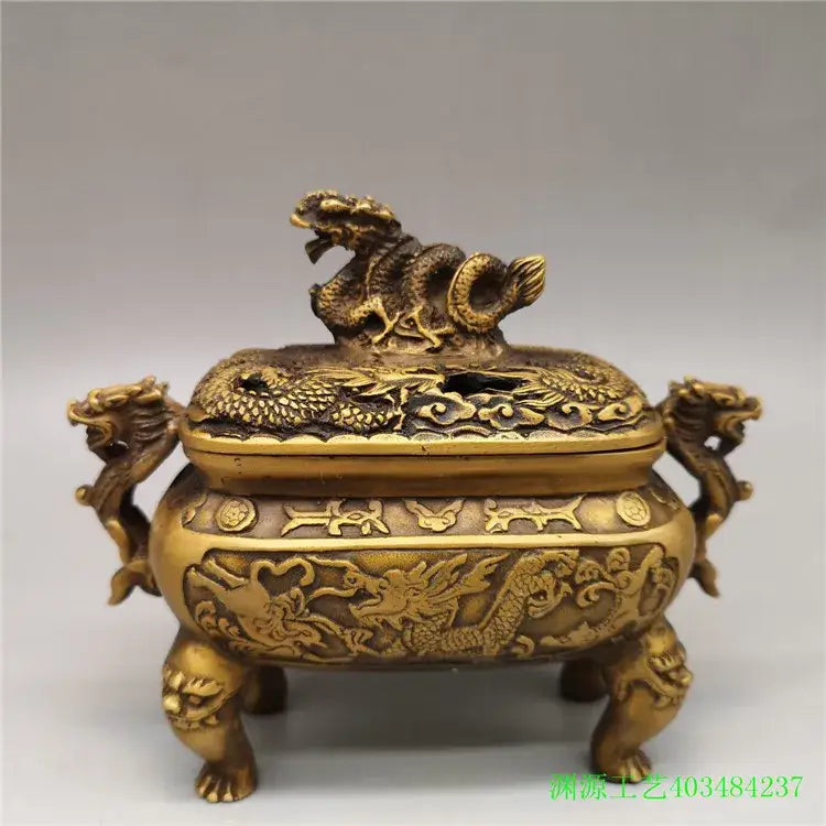 Antique bronze double dragon lion incense burner living room ornament