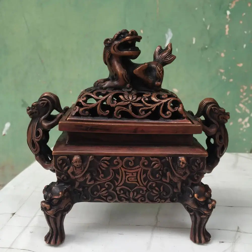Antique bronze double dragon lion incense burner living room ornament