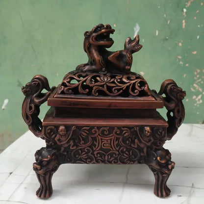 Antique bronze double dragon lion incense burner living room ornament