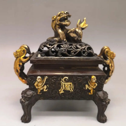 Antique bronze double dragon lion incense burner living room ornament