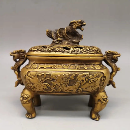 Antique bronze double dragon lion incense burner living room ornament
