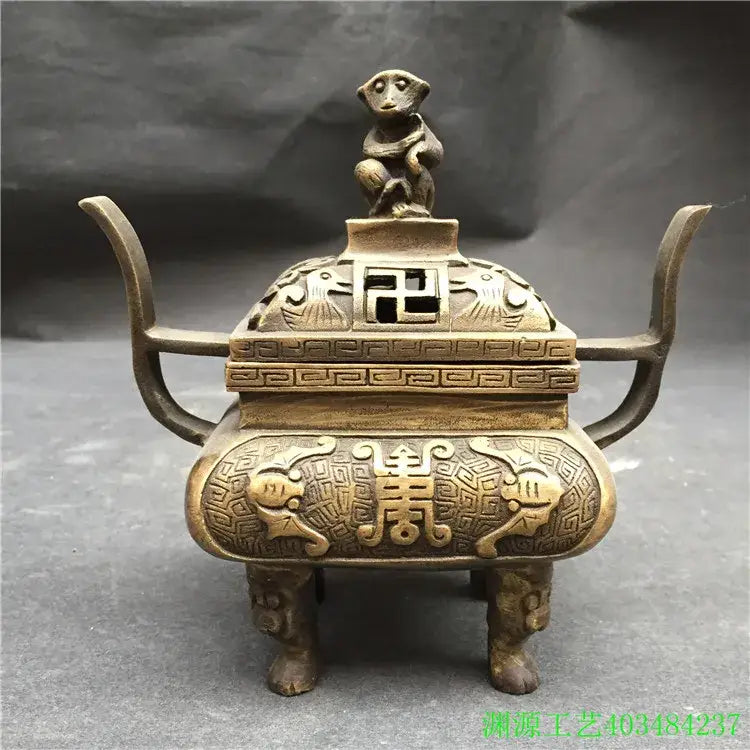 Antique bronze double dragon lion incense burner living room ornament