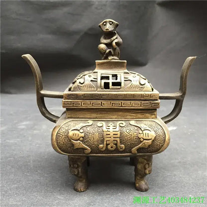 Antique bronze double dragon lion incense burner living room ornament