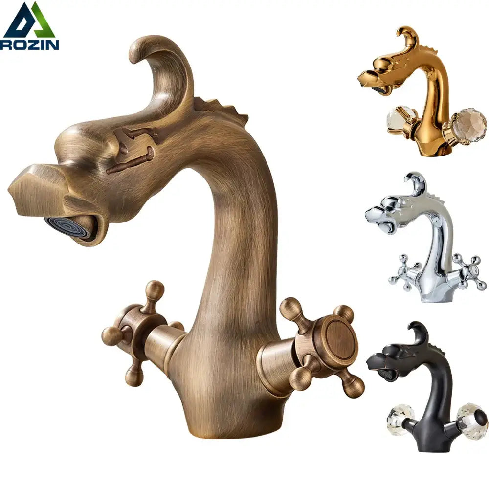 Antique bronze dragon handle basin faucet bathroom vessel sink tap