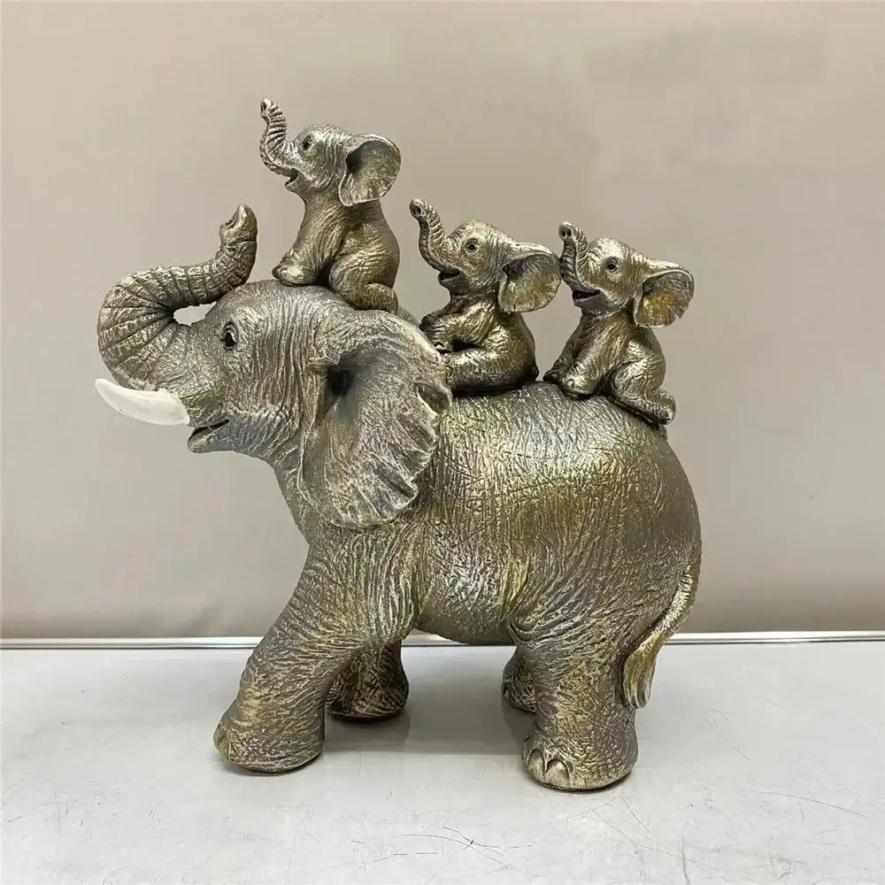 Antique bronze elephant family figurine living room ornament