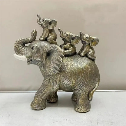 Antique bronze elephant family figurine living room ornament
