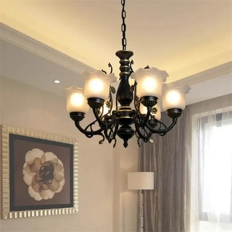 Antique bronze flower glass shade ceiling chandelier dining room