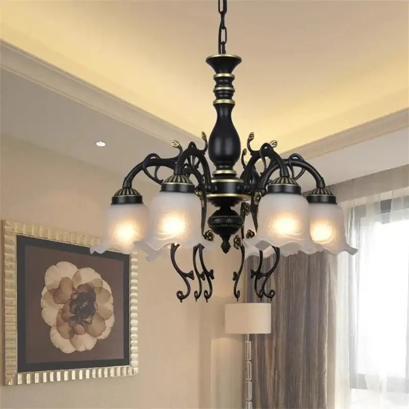 Antique bronze flower glass shade ceiling chandelier dining room