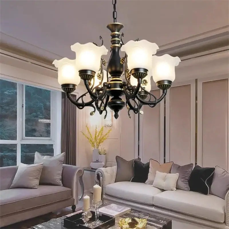 Antique bronze flower glass shade ceiling chandelier dining room