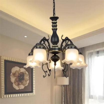 Antique bronze flower glass shade ceiling chandelier dining room