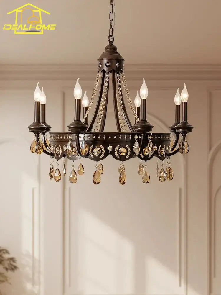 Antique bronze iron art crystal candle chandelier for living room