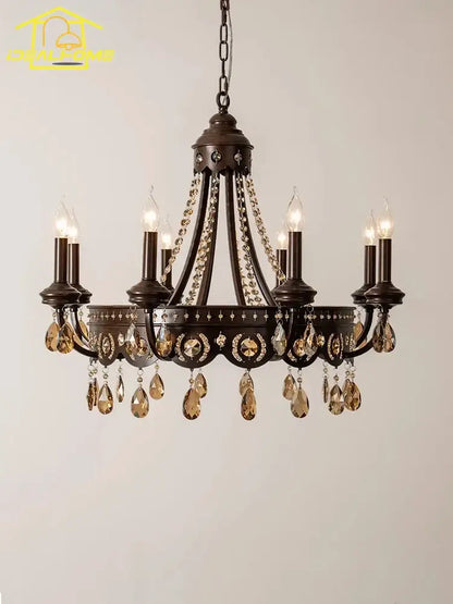 Antique bronze iron art crystal candle chandelier for living room