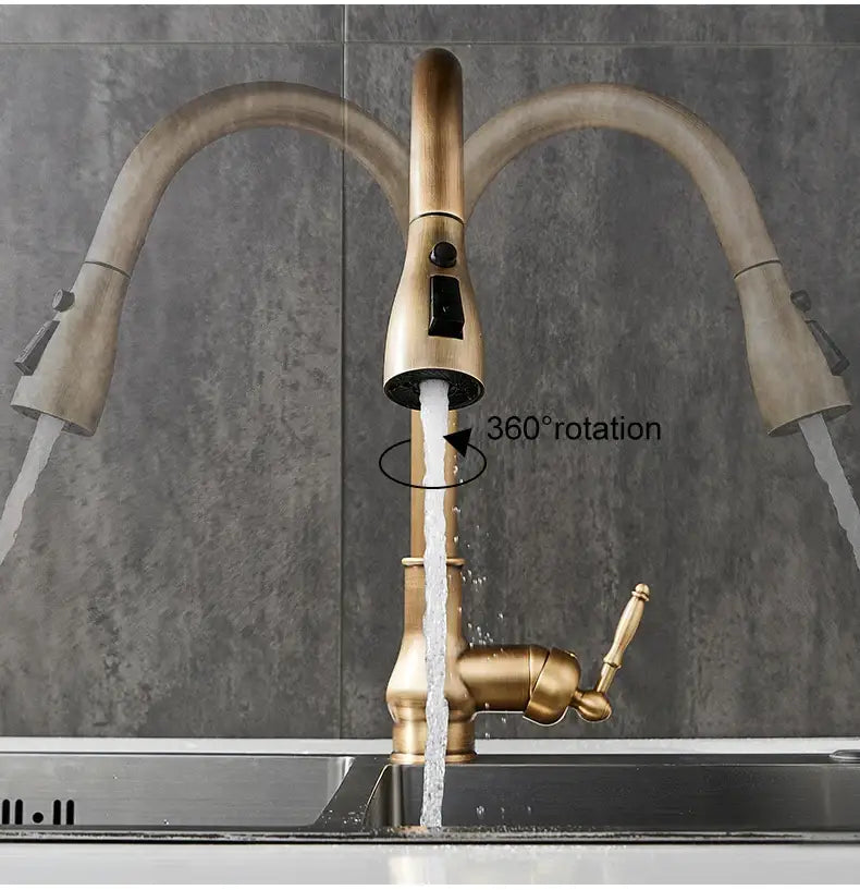 Antique bronze kitchen faucet with pull down spray head