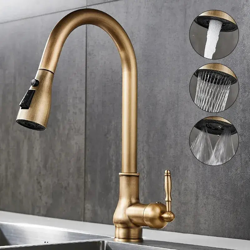 Antique bronze kitchen faucet with pull down spray head