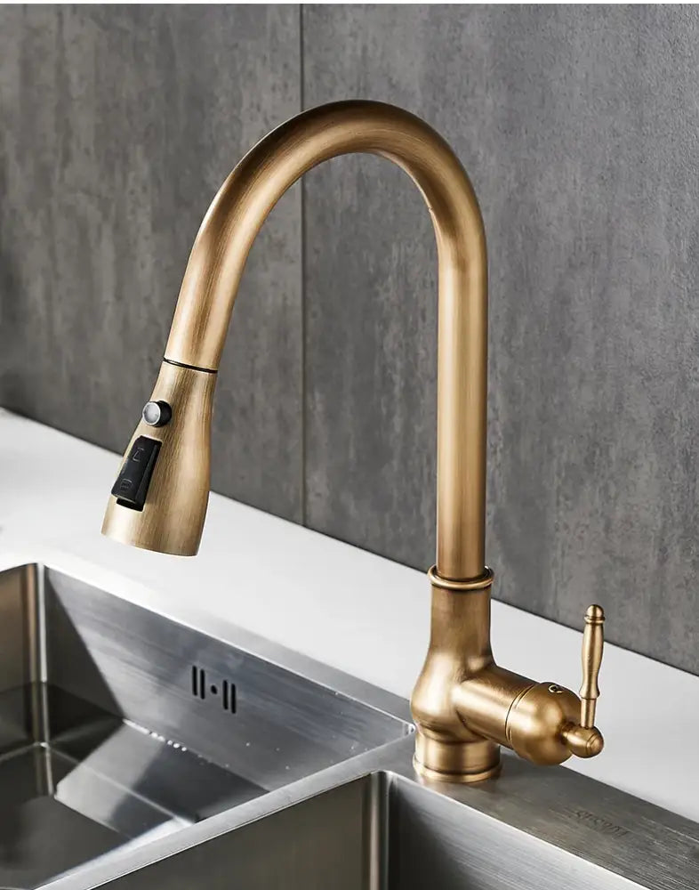 Antique bronze kitchen faucet with pull down spray head