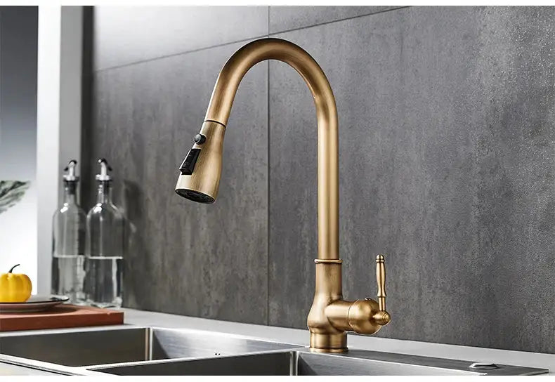 Antique bronze kitchen faucet with pull down spray head