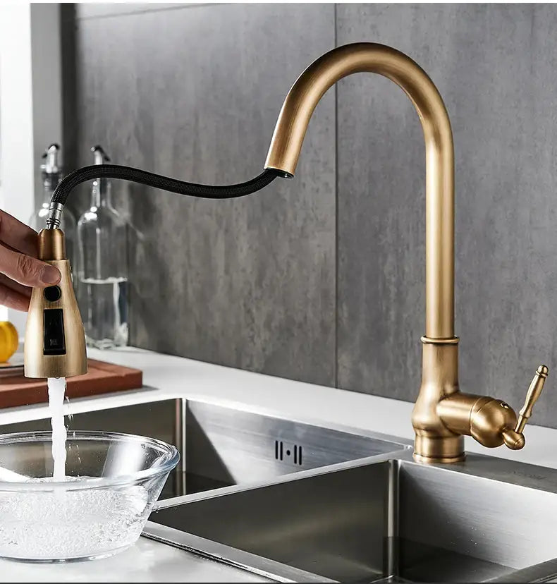 Antique bronze kitchen faucet with pull down spray head