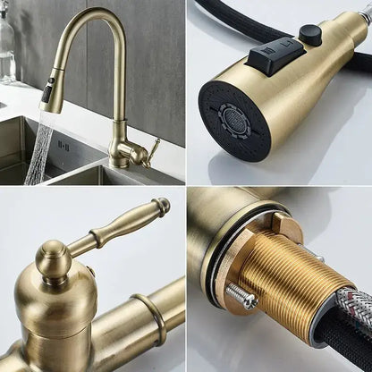 Antique bronze kitchen faucet with pull down spray head